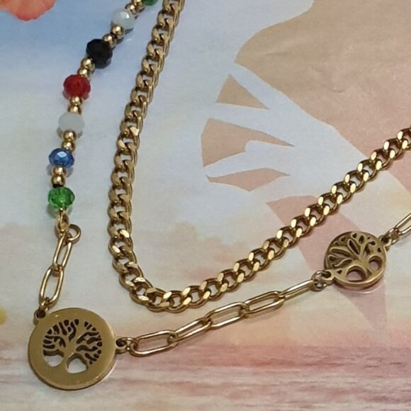 Tree of Life Necklace 2 Layers Chains Multi Color Beaded Pendant Fashion Jewelry - Picture 3 of 5